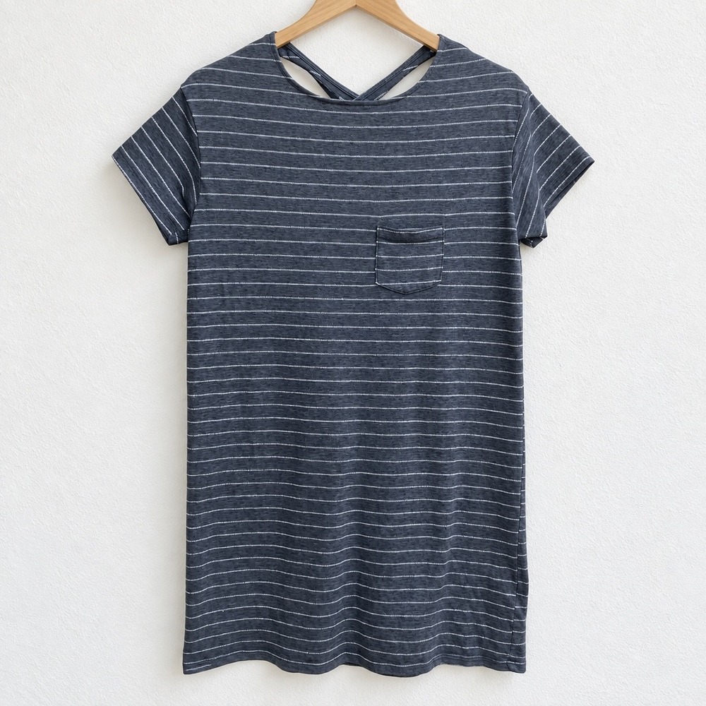 Billabong Striped T-Shirt Dress Grey White Open Back Pocket Mini Medium M